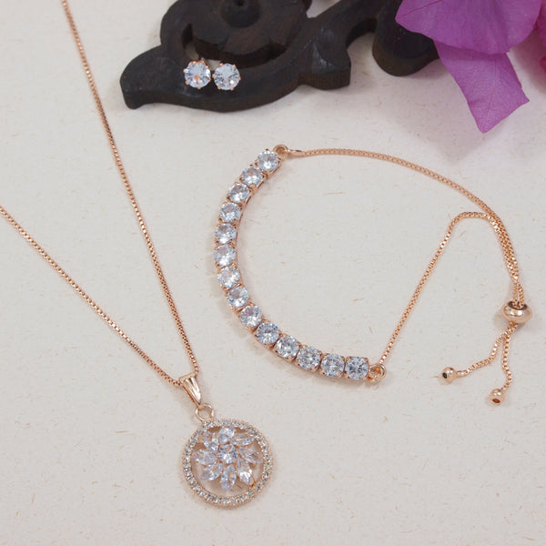 Rose Gold Cubic Zirconia Pendant Set & Adjustable Bracelet