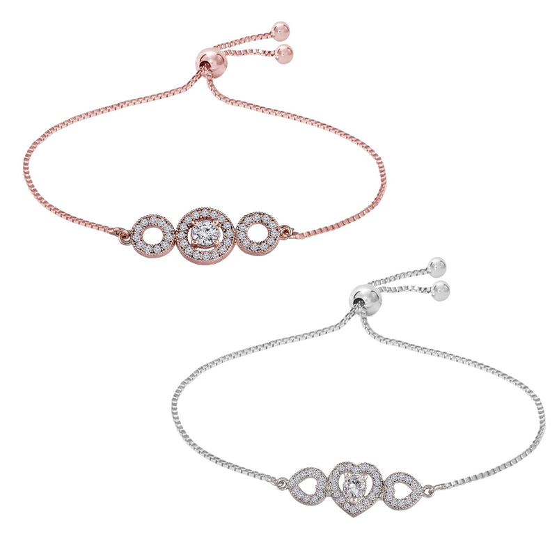 (Pack of 2) Rose Gold & Silver Plated Cubic Zirconia Adjustable Bracelet