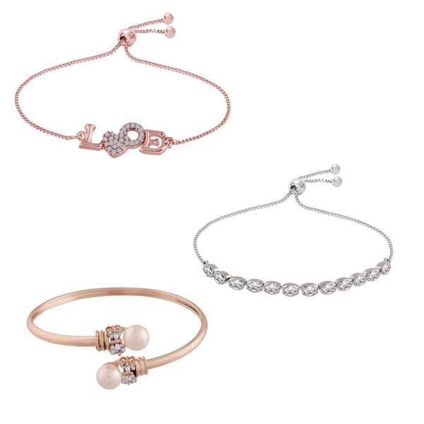 (Pack of 3) Rose Gold Cubic Zirconia Adjustable Bracelet