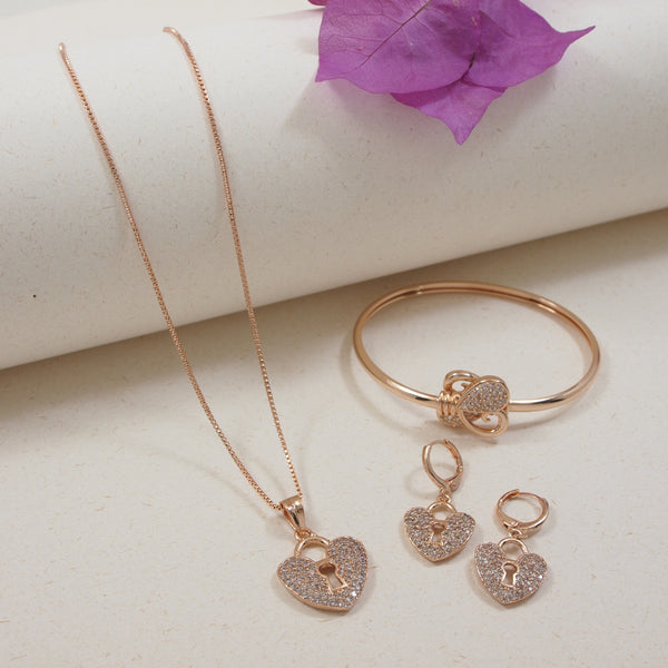 Rose Gold Cubic Zirconia Pendant Set & Adjustable Bracelet