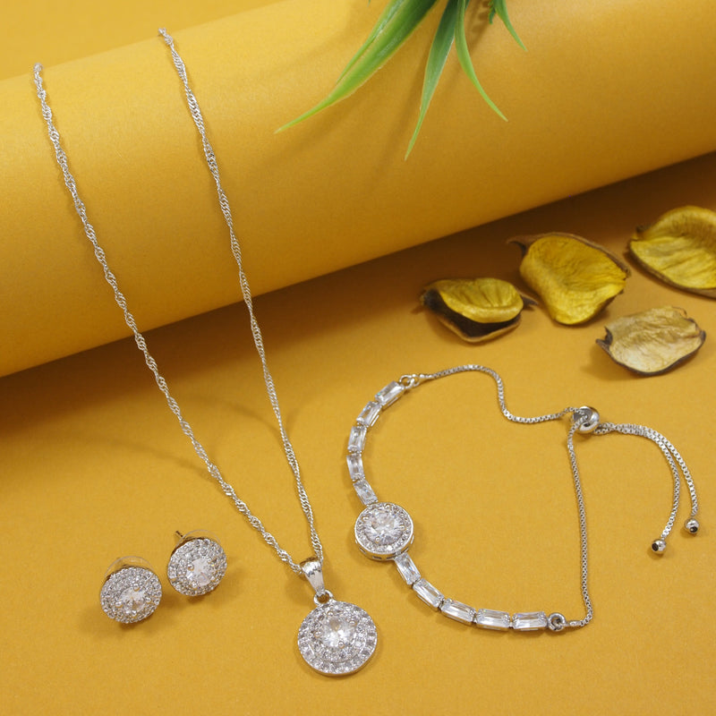 Silver Cubic Zirconia Pendant Set & Adjustable Bracelet