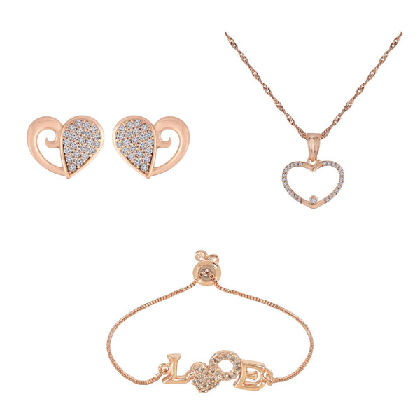 Rose Gold Cubic Zirconia Studs, Pendant Set & Adjustable Bracelet