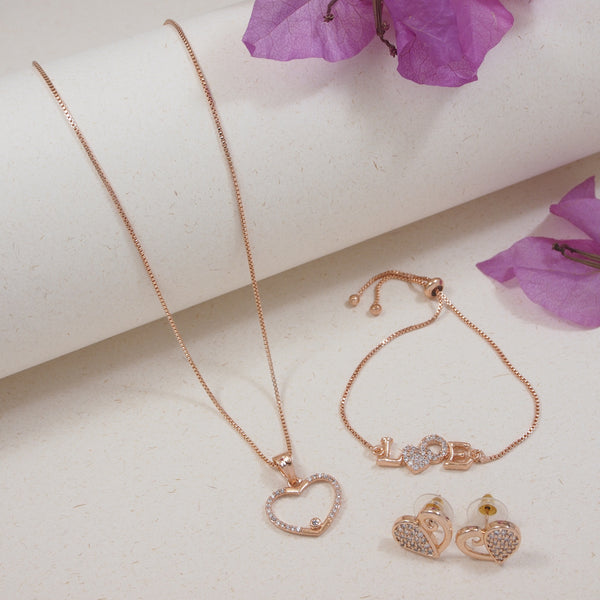 Rose Gold Cubic Zirconia Studs, Pendant Set & Adjustable Bracelet