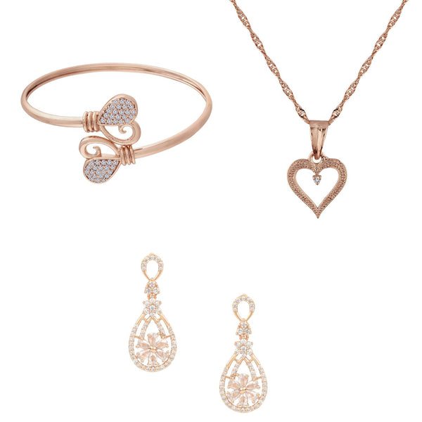 Rose Gold Cubic Zirconia Studs, Pendant Set & Adjustable Bracelet