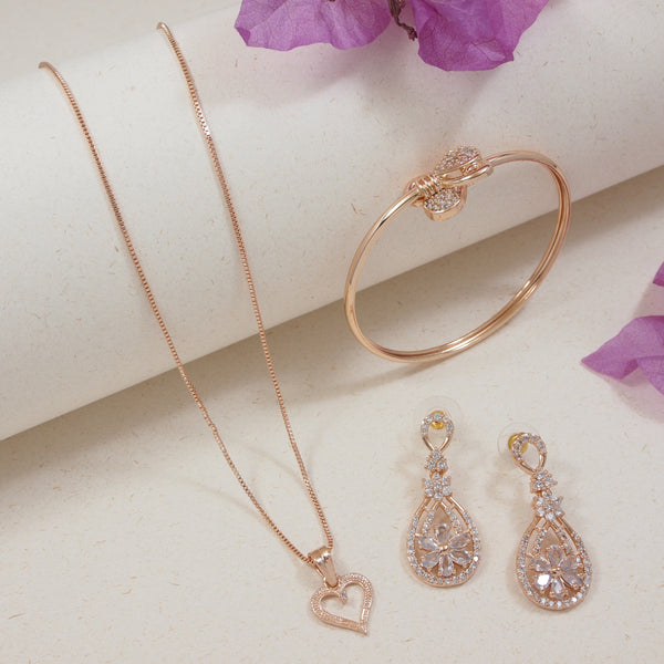 Rose Gold Cubic Zirconia Studs, Pendant Set & Adjustable Bracelet