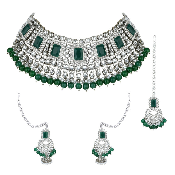 Anshika Silver Green Choker Set