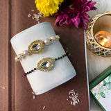 Elegant Bhaiya Bhabhi Pearl Lumba Mangalsutra Bracelet & Rakhi With Roli Chawal & Card