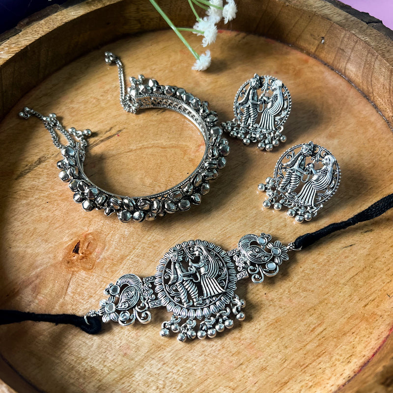 Silver Oxidised Necklace Set And Kada Gift Set