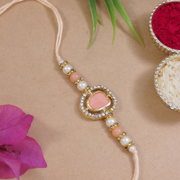 Dazzling Pearl Kundan Stone Rakhi with Roli Chawal & Card