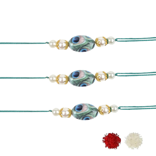 Beautiful Peacock Feather Rakhi with Roli Chawal & Card (Pack of 3)