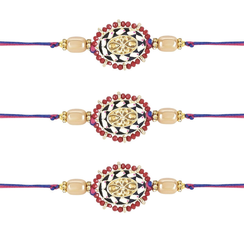 Beautiful Kundan & Pearl Rakhi with Roli Chawal & Card (Pack of 3)