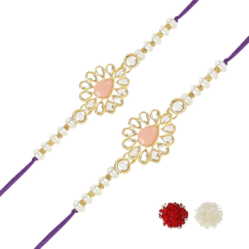 Beautiful Kundan & Pearl Rakhi with Roli Chawal & Card (Pack of 2)