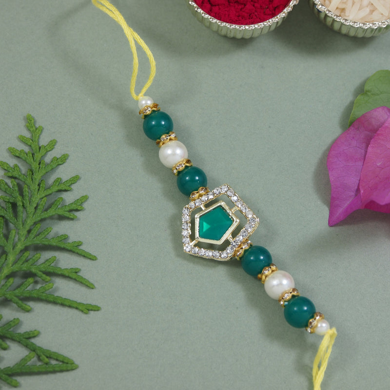 Beautiful Kundan & Pearl Rakhi with Roli Chawal & Card