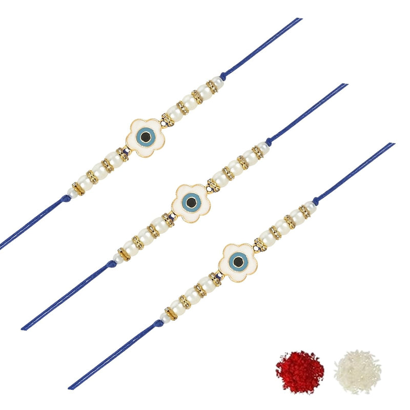 Floral Shape Enamel Bhaiya Rakhi With Roli Chawal & Card (Pack of 3)