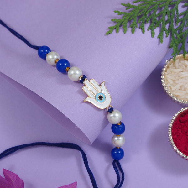 Hamsa Shape Enamel Bhaiya Rakhi With Roli Chawal & Card