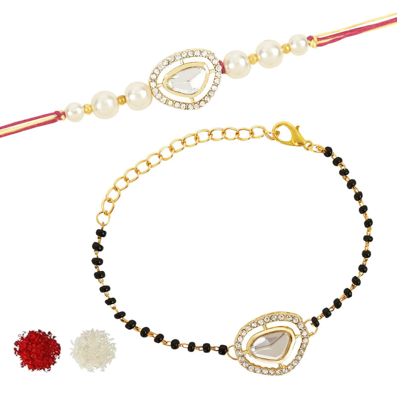 Elegant Bhaiya Bhabhi Pearl Lumba Mangalsutra Bracelet & Rakhi With Roli Chawal & Card