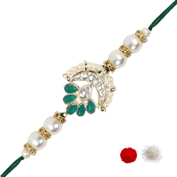 Delicate Pearl Beads Green Rakhi with Roli Chawal & Rakshabandhan Card