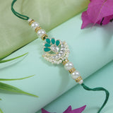 Delicate Pearl Beads Green Rakhi with Roli Chawal & Rakshabandhan Card