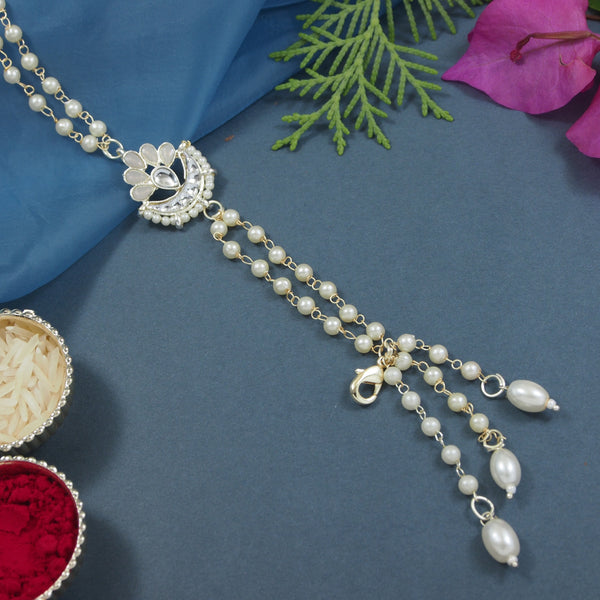 Elegantly Crafted Grey Pearl & Kundan Adjustable Lumba Bracelet