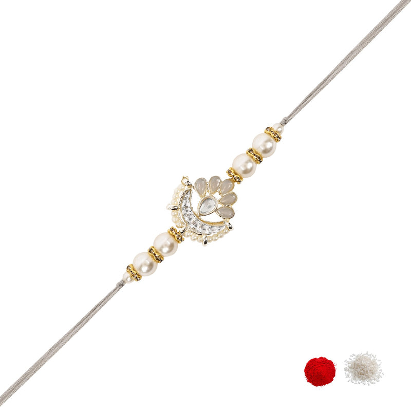 Delicate Pearl Beads Grey Rakhi with Roli Chawal & Rakshabandhan Card