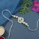 Delicate Pearl Beads Grey Rakhi with Roli Chawal & Rakshabandhan Card