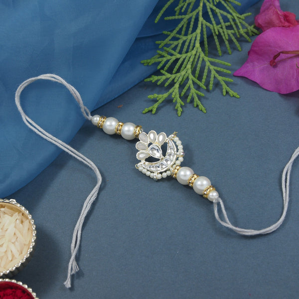 Delicate Pearl Beads Grey Rakhi with Roli Chawal & Rakshabandhan Card