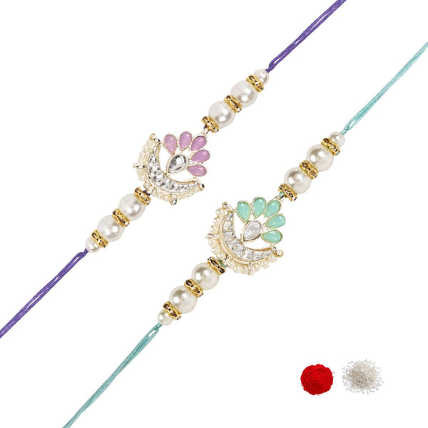 Elegance Kundan & Pearl Beads Rakhi with Roli Chawal & Card (Pack of 2)