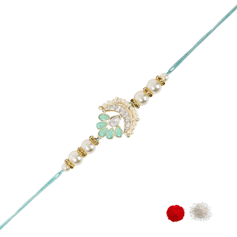 Delicate Pearl Beads Mint Rakhi with Roli Chawal & Rakshabandhan Card