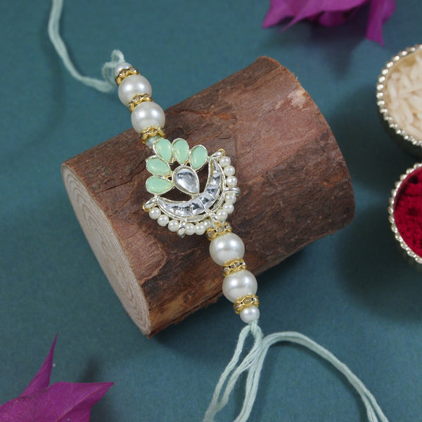 Delicate Pearl Beads Mint Rakhi with Roli Chawal & Rakshabandhan Card