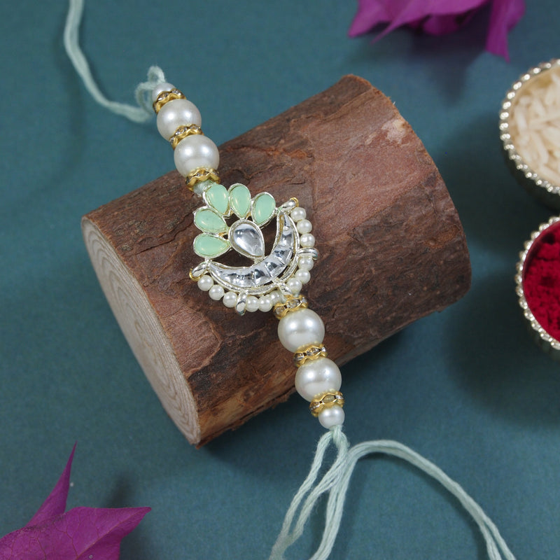 Delicate Pearl Beads Mint Rakhi with Roli Chawal & Rakshabandhan Card