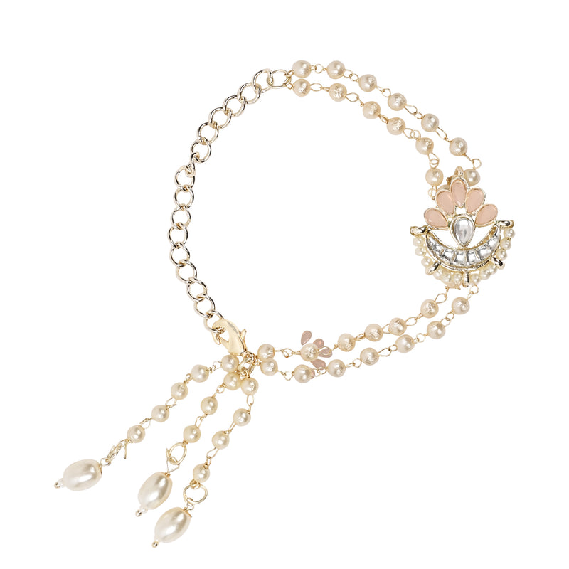 Elegantly Crafted Peach Pearl & Kundan Adjustable Lumba Bracelet