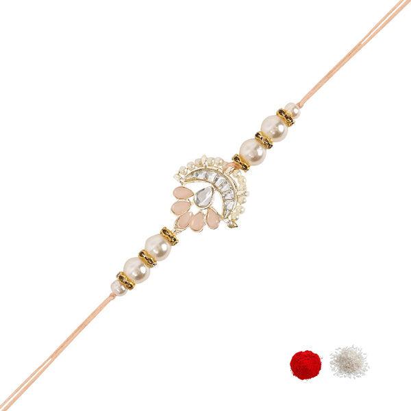 Delicate Pearl Beads Peach Rakhi with Roli Chawal & Rakshabandhan Card