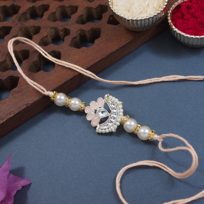 Delicate Pearl Beads Peach Rakhi with Roli Chawal & Rakshabandhan Card