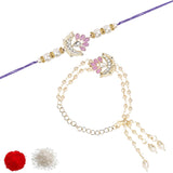 Elegant Bhaiya Bhabhi Lumba Pearl Purple Rakhi With Roli Chawal &Card