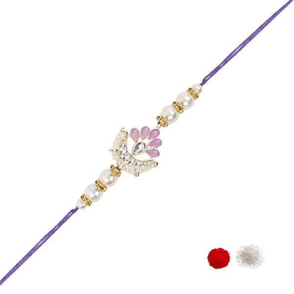 Delicate Pearl Beads Purple Rakhi with Roli Chawal & Rakshabandhan Card