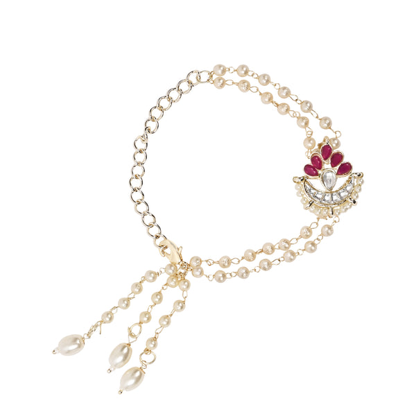 Elegantly Crafted Pink  Pearl & Kundan Adjustable Lumba Bracelet