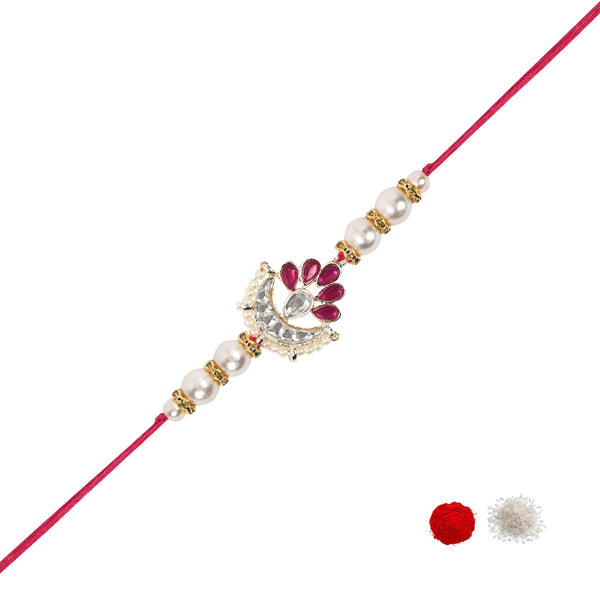 Delicate Pearl Beads Pink Rakhi with Roli Chawal & Rakshabandhan Card