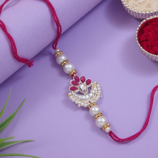 Delicate Pearl Beads Pink Rakhi with Roli Chawal & Rakshabandhan Card