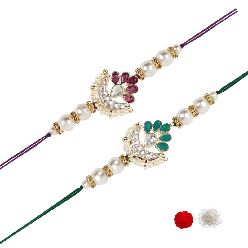 Elegance Kundan & Pearl Beads Rakhi with Roli Chawal & Card (Pack of 2)