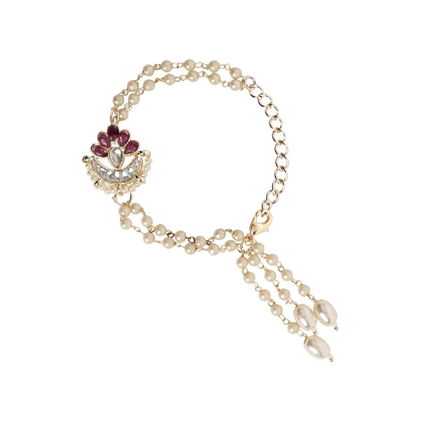 Elegantly Crafted Wine Pearl & Kundan Adjustable Lumba Bracelet