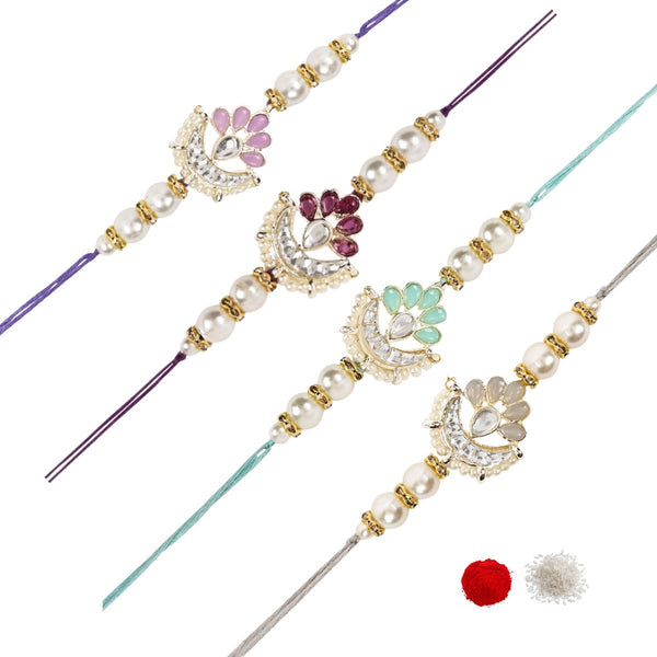 Elegance Kundan & Pearl Beads Rakhi with Roli Chawal & Card (Pack of 4)