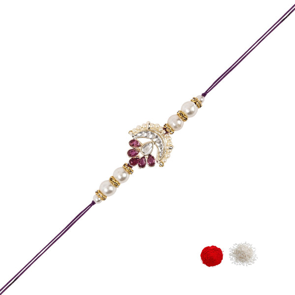 Delicate Pearl Beads Wine Rakhi with Roli Chawal & Rakshabandhan Card