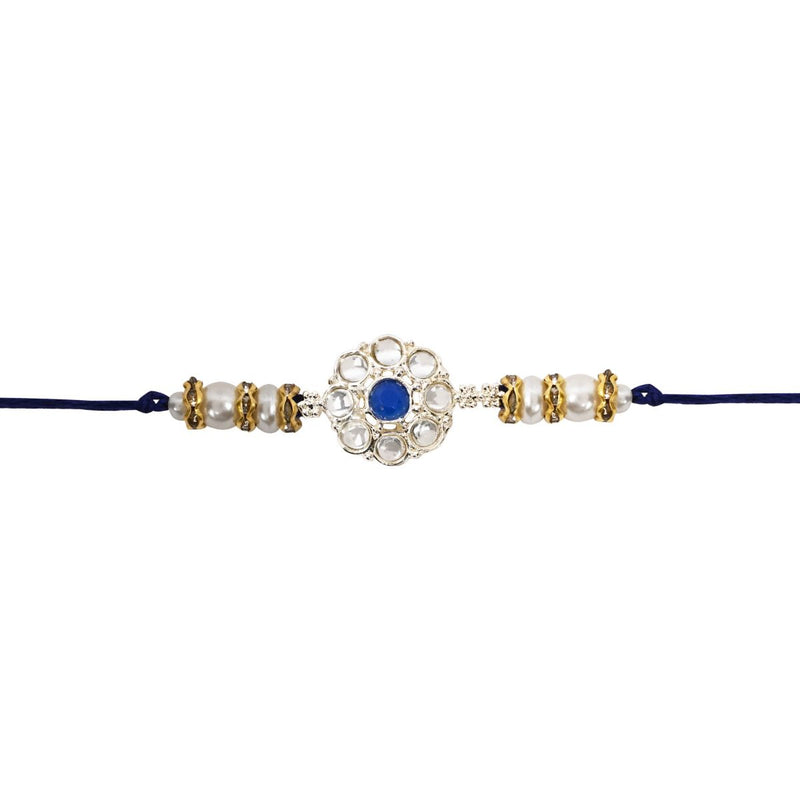 Delicate Pearl Beads Blue Rakhi with Roli Chawal & Rakshabandhan Card