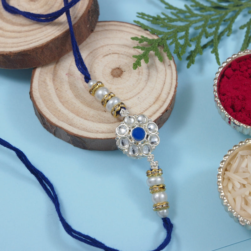 Delicate Pearl Beads Blue Rakhi with Roli Chawal & Rakshabandhan Card