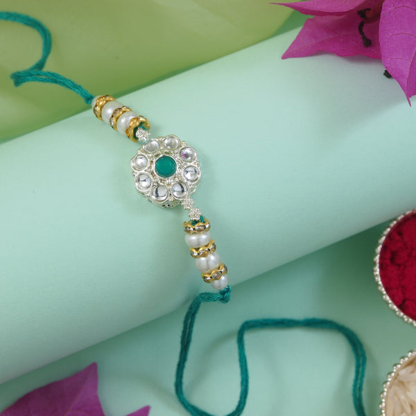 Delicate Pearl Beads Green Rakhi with Roli Chawal & Rakshabandhan Card