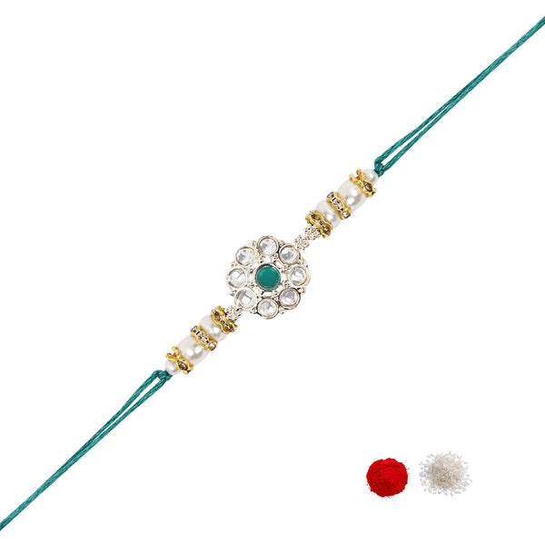 Delicate Pearl Beads Green Rakhi with Roli Chawal & Rakshabandhan Card