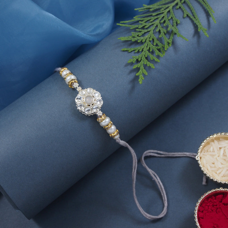 Delicate Pearl Beads Grey Rakhi with Roli Chawal & Rakshabandhan Card