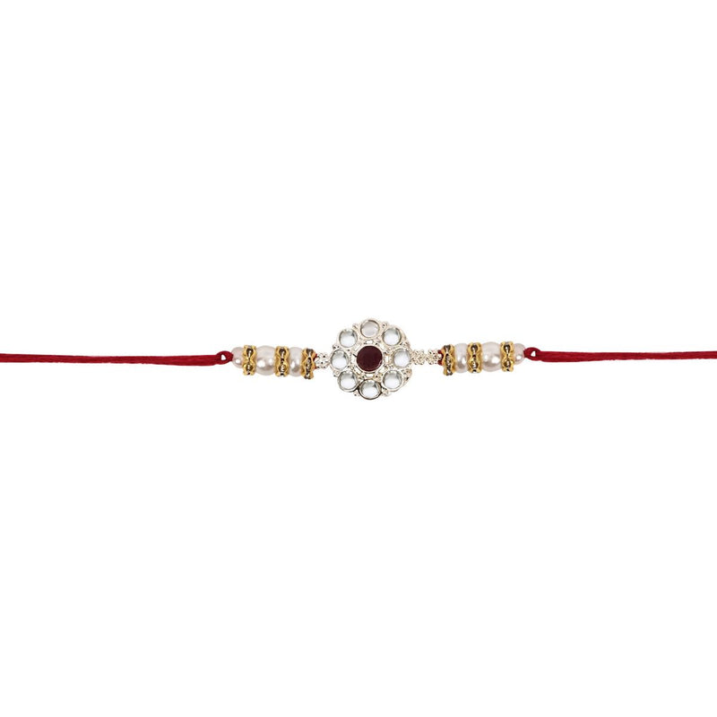 Delicate Pearl Beads Maroon Rakhi with Roli Chawal & Rakshabandhan Card