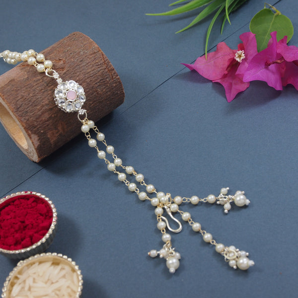 Elegantly Crafted Peach Pearl & Kundan Adjustable Lumba Bracelet