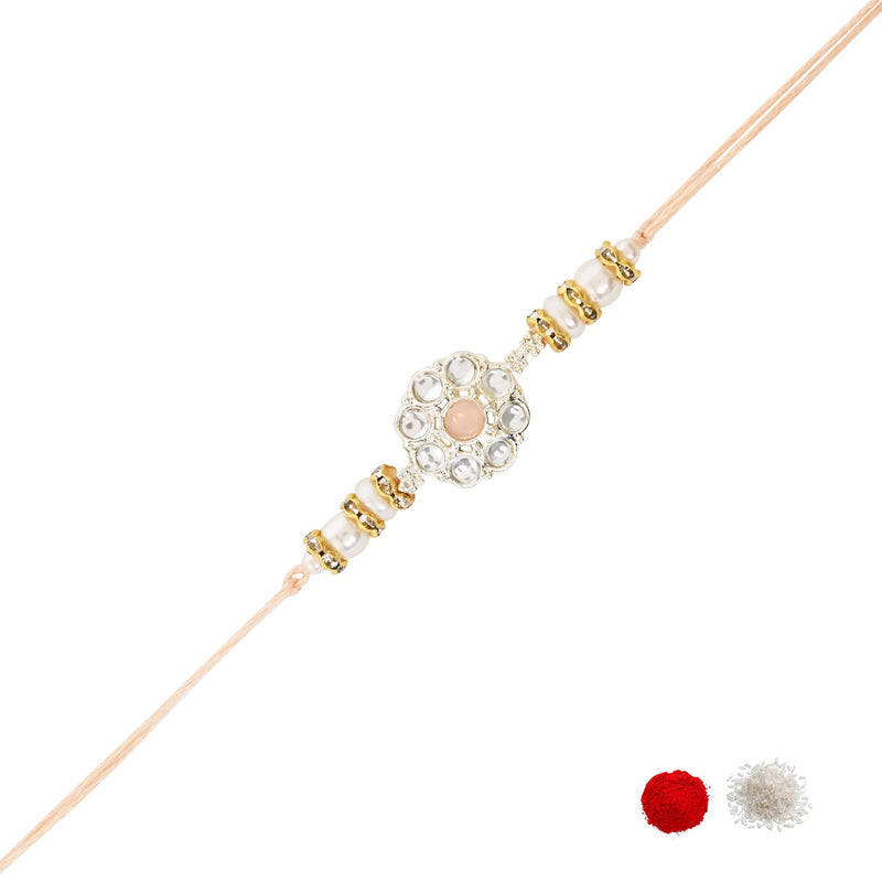 Delicate Pearl Beads Peach Rakhi with Roli Chawal & Rakshabandhan Card